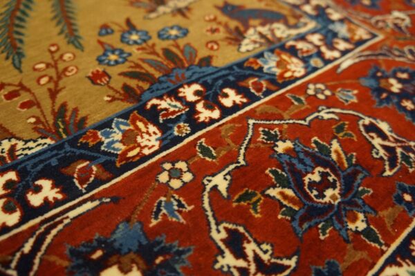1930s tan camel floral animal antique persian isfahan rug 3' 4'' x 5' 2'' handknotted wool carpet - detail view 2
