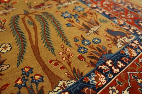 1930s tan camel floral animal antique persian isfahan rug 3' 4'' x 5' 2'' handknotted wool carpet - detail view 3