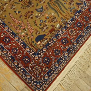 1930s Tan Camel Floral Animal Antique Persian Isfahan Rug 3' 4'' X 5' 2'' Handknotted Wool Carpet - detail view 4