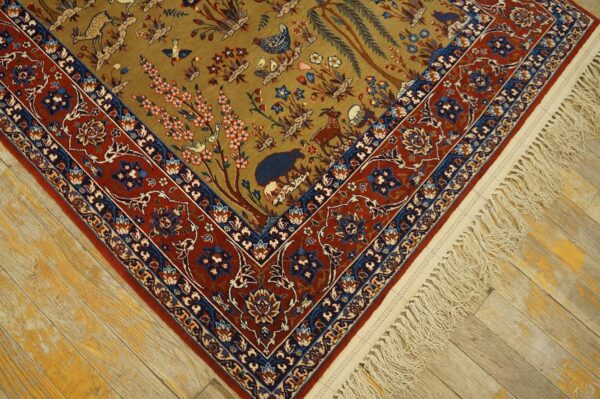 1930s tan camel floral animal antique persian isfahan rug 3' 4'' x 5' 2'' handknotted wool carpet - detail view 4
