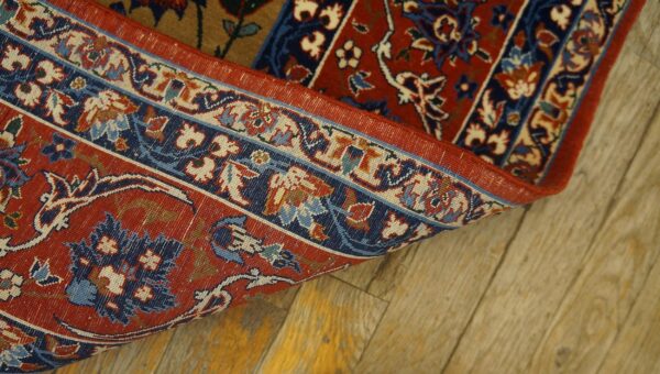 1930s tan camel floral animal antique persian isfahan rug 3' 4'' x 5' 2'' handknotted wool carpet - detail view 5