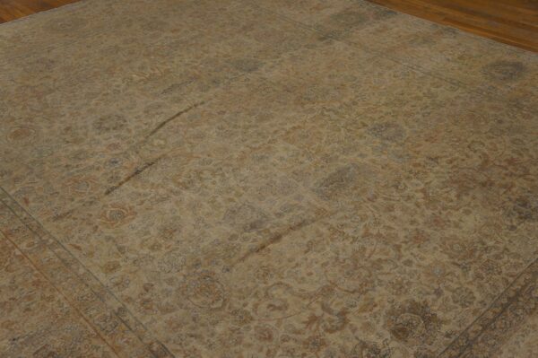 1930s tan camel geometric antique persian kerman rug 9'3" x 11'9" handknotted wool carpet 2 1930s tan camel geometric antique persian kerman rug 9'3" x 11'9" handknotted wool carpet - detail view 1
