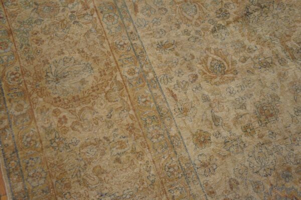 1930s tan camel geometric antique persian kerman rug 9'3" x 11'9" handknotted wool carpet 3 1930s tan camel geometric antique persian kerman rug 9'3" x 11'9" handknotted wool carpet - detail view 2