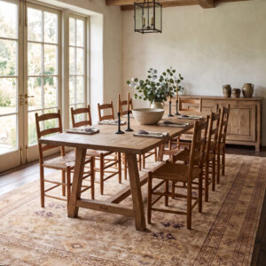 1930s Antique Oushak Rug 13'0 x 18'4 in a Litchfield County dining room, styled visualization