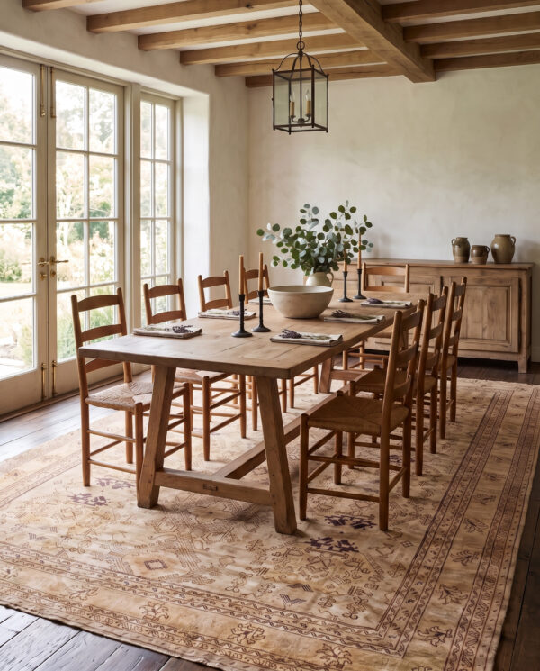 1930s tan camel geometric antique turkish decorative oushak rug 13' x 18'4" handknotted wool carpet 2 1930s antique oushak rug 13'0 x 18'4 in a litchfield county dining room, styled visualization