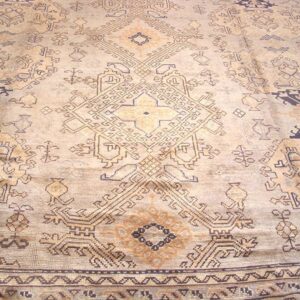 1930s Tan Camel Geometric Antique Turkish Decorative Oushak Rug 13' X 18'4" Handknotted Wool Carpet - detail view 1