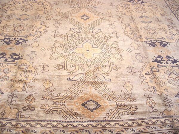 1930s tan camel geometric antique turkish decorative oushak rug 13' x 18'4" handknotted wool carpet - detail view 1