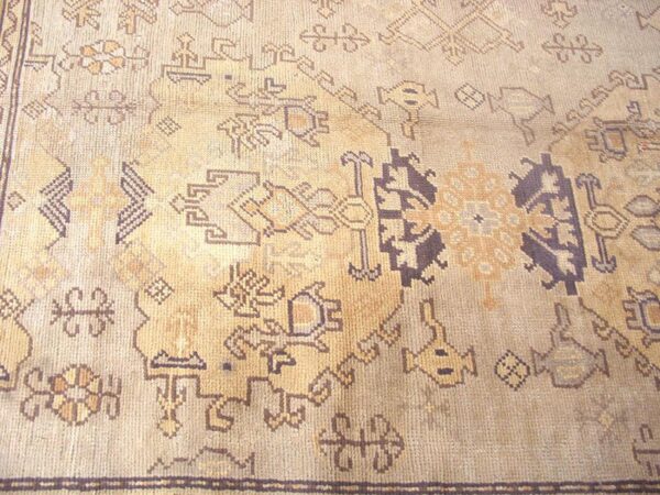 1930s tan camel geometric antique turkish decorative oushak rug 13' x 18'4" handknotted wool carpet - detail view 2