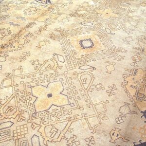 1930s Tan Camel Geometric Antique Turkish Decorative Oushak Rug 13' X 18'4" Handknotted Wool Carpet - detail view 4