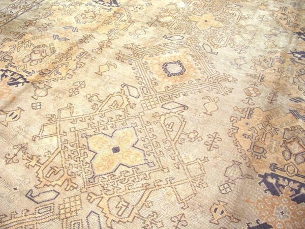 1930s tan camel geometric antique turkish decorative oushak rug 13' x 18'4" handknotted wool carpet - detail view 4