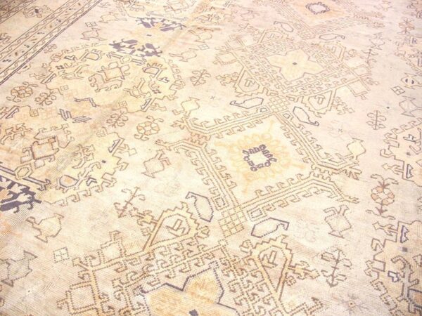 1930s tan camel geometric antique turkish decorative oushak rug 13' x 18'4" handknotted wool carpet - detail view 5