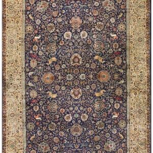 1940s Navy Blue Persian Tabriz Hunting Design Handknotted Wool Carpet Rug