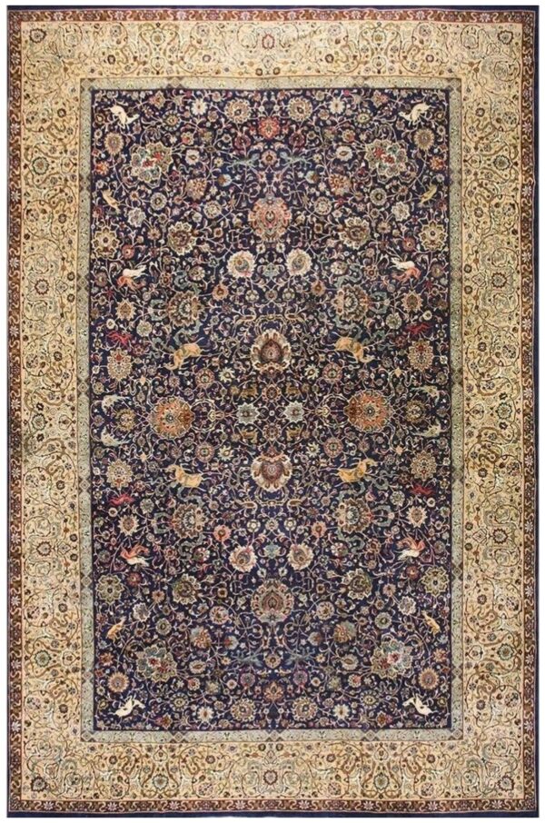 1940s navy blue persian tabriz hunting design handknotted wool carpet rug