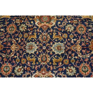 1940s Navy Blue Persian Tabriz Hunting Design Handknotted Wool Carpet Rug - detail view 9