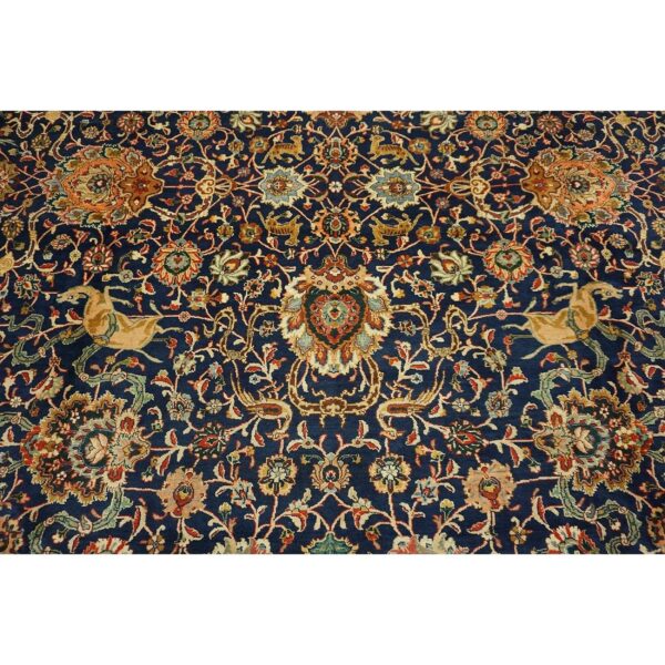 1940s navy blue persian tabriz hunting design handknotted wool carpet rug - detail view 15