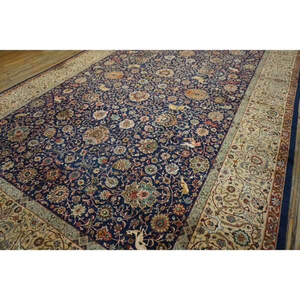 1940s navy blue persian tabriz hunting design handknotted wool carpet rug - detail view 16