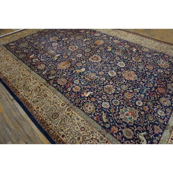 1940s navy blue persian tabriz hunting design handknotted wool carpet rug - detail view 1