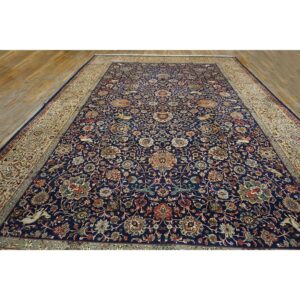 1940s Navy Blue Persian Tabriz Hunting Design Handknotted Wool Carpet Rug - detail view 2