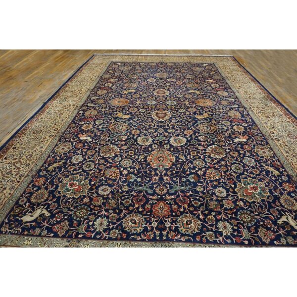 1940s navy blue persian tabriz hunting design handknotted wool carpet rug - detail view 2