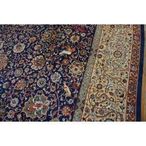 1940s Navy Blue Persian Tabriz Hunting Design Handknotted Wool Carpet Rug - detail view 3