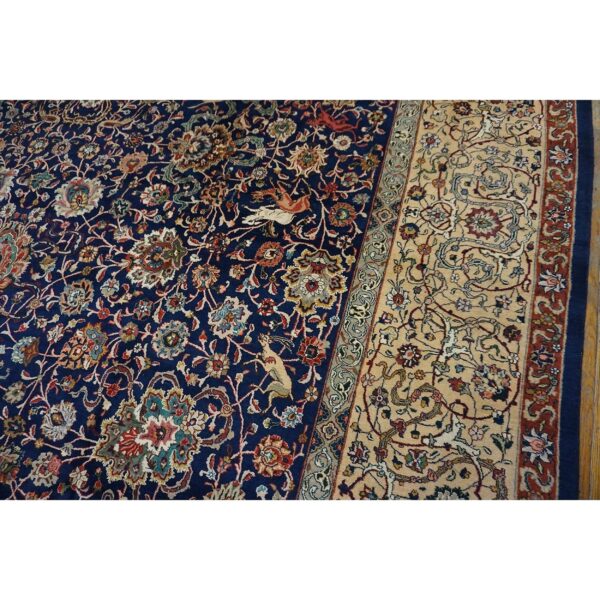 1940s navy blue persian tabriz hunting design handknotted wool carpet rug - detail view 3