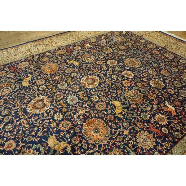 1940s navy blue persian tabriz hunting design handknotted wool carpet rug - detail view 4