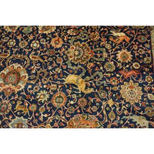 1940s Navy Blue Persian Tabriz Hunting Design Handknotted Wool Carpet Rug - detail view 5