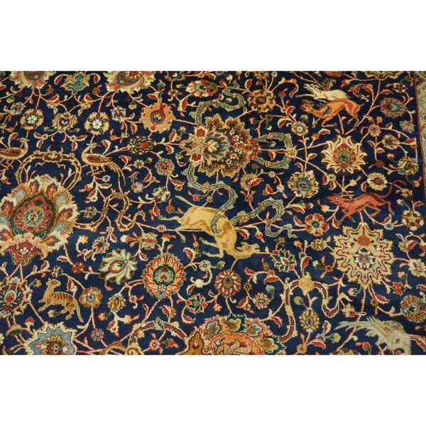 1940s navy blue persian tabriz hunting design handknotted wool carpet rug - detail view 5