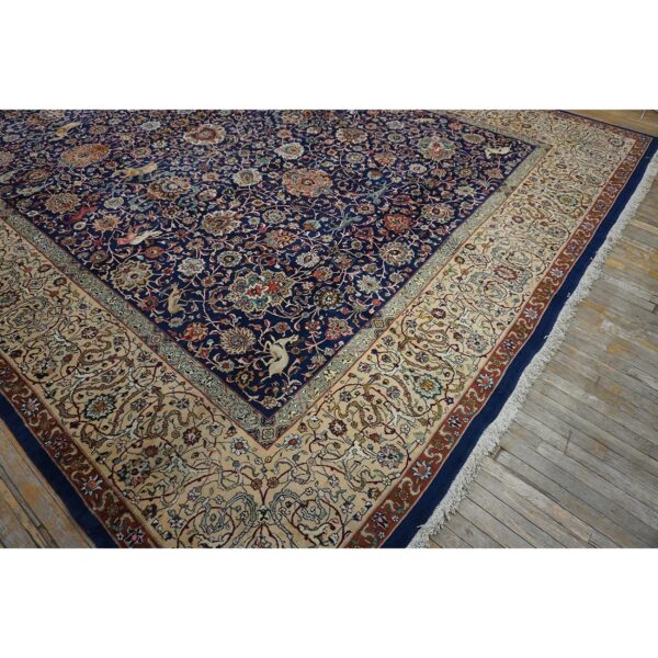 1940s navy blue persian tabriz hunting design handknotted wool carpet rug - detail view 7