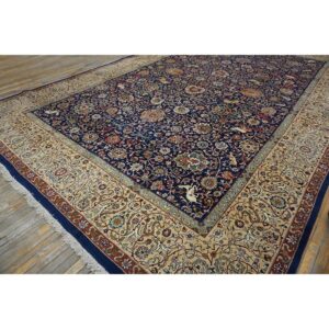 1940s Navy Blue Persian Tabriz Hunting Design Handknotted Wool Carpet Rug - detail view 8