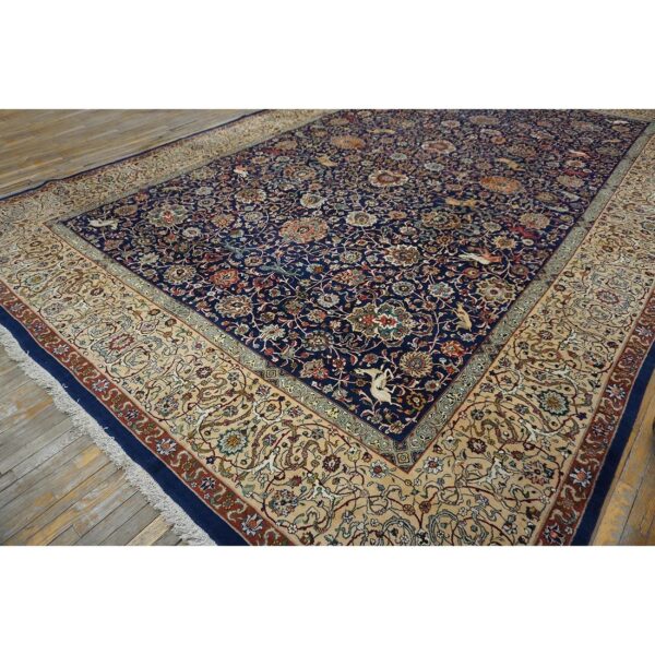 1940s navy blue persian tabriz hunting design handknotted wool carpet rug - detail view 8