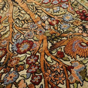 1950s Beige Floral Animal Vintage Silk Turkish Hereke Rug 2' X 3' Handknotted Wool Carpet - detail view 1