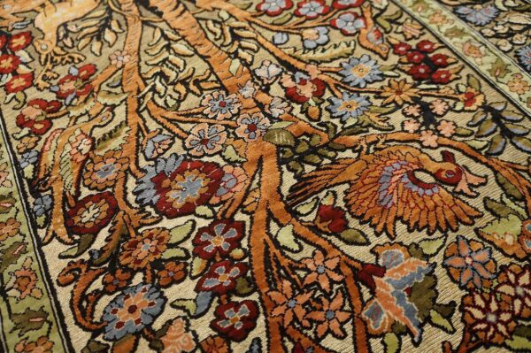 1950s beige floral animal vintage silk turkish hereke rug 2' x 3' handknotted wool carpet 2 1950s beige floral animal vintage silk turkish hereke rug 2' x 3' handknotted wool carpet - detail view 1