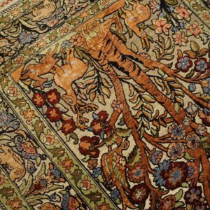 1950s Beige Floral Animal Vintage Silk Turkish Hereke Rug 2' X 3' Handknotted Wool Carpet - detail view 3