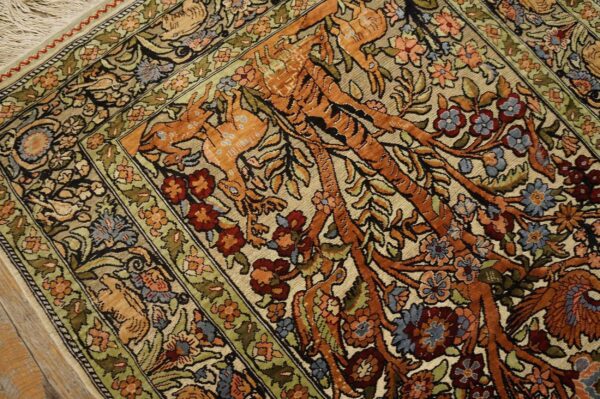 1950s beige floral animal vintage silk turkish hereke rug 2' x 3' handknotted wool carpet 4 1950s beige floral animal vintage silk turkish hereke rug 2' x 3' handknotted wool carpet - detail view 3