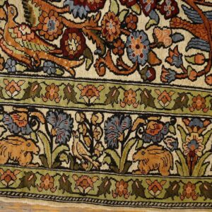 1950s Beige Floral Animal Vintage Silk Turkish Hereke Rug 2' X 3' Handknotted Wool Carpet - detail view 5