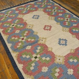 1960s Ivory Geometric Vintage Swedish Scandinavian Flat Weave Kilim Rug 5'9" X 8' by Judith Johansson Wool Carpet - detail view 2