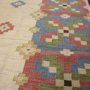 1960s Ivory Geometric Vintage Swedish Scandinavian Flat Weave Kilim Rug 5'9" X 8' by Judith Johansson Wool Carpet - detail view 4