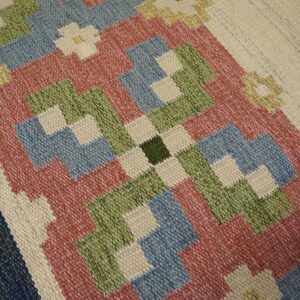 1960s Ivory Geometric Vintage Swedish Scandinavian Flat Weave Kilim Rug 5'9" X 8' by Judith Johansson Wool Carpet - detail view 5