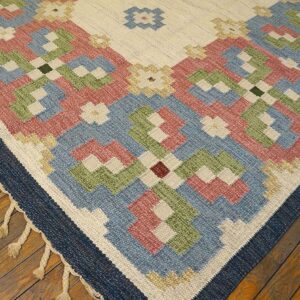 1960s Ivory Geometric Vintage Swedish Scandinavian Flat Weave Kilim Rug 5'9" X 8' by Judith Johansson Wool Carpet - detail view 6