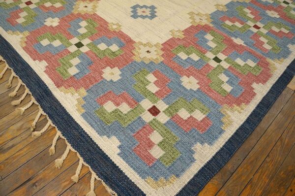 1960s ivory geometric vintage swedish scandinavian flat weave kilim rug 5'9" x 8' by judith johansson wool carpet 7 1960s ivory geometric vintage swedish scandinavian flat weave kilim rug 5'9" x 8' by judith johansson wool carpet - detail view 6