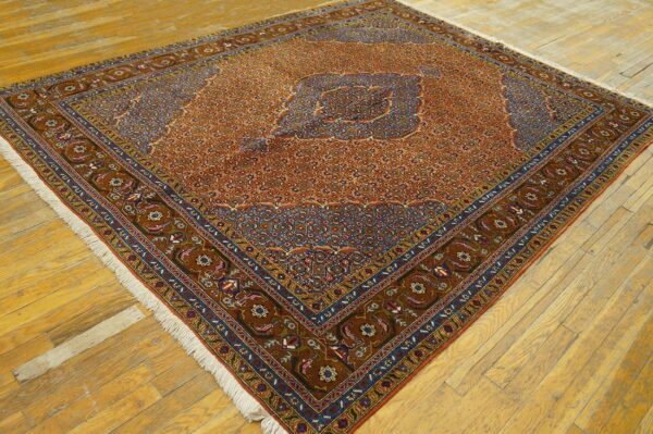 1960s orange salmon medallion vintage persian moud rug 6' 9''x 8' handknotted wool carpet 2 1960s orange salmon medallion vintage persian moud rug 6' 9''x 8' handknotted wool carpet - detail view 1