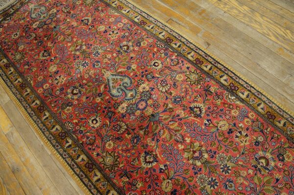 1960s pink medallion vintage persian tabriz rug 2' 10'' x 13' 3'' handknotted wool carpet 2 1960s pink medallion vintage persian tabriz rug 2' 10'' x 13' 3'' handknotted wool carpet - detail view 1