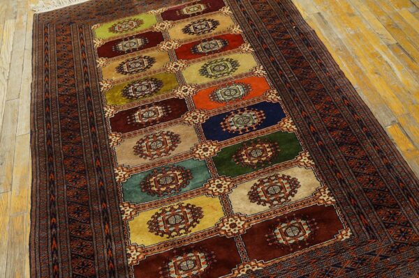 1980s multicolor geometric vintage persian bukhara rug 4' x 5'8'' handknotted wool carpet - detail view 2