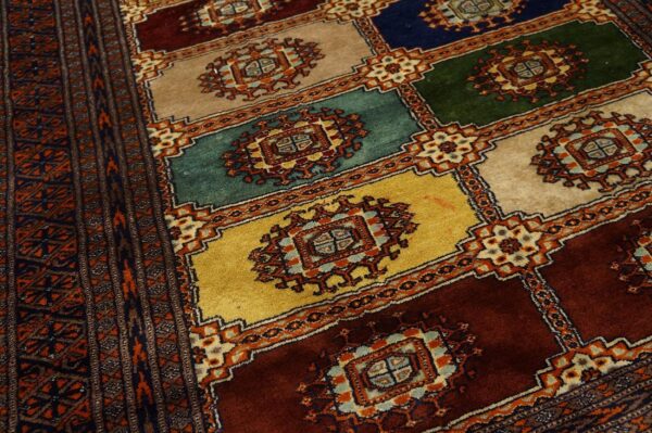 1980s multicolor geometric vintage persian bukhara rug 4' x 5'8'' handknotted wool carpet - detail view 3