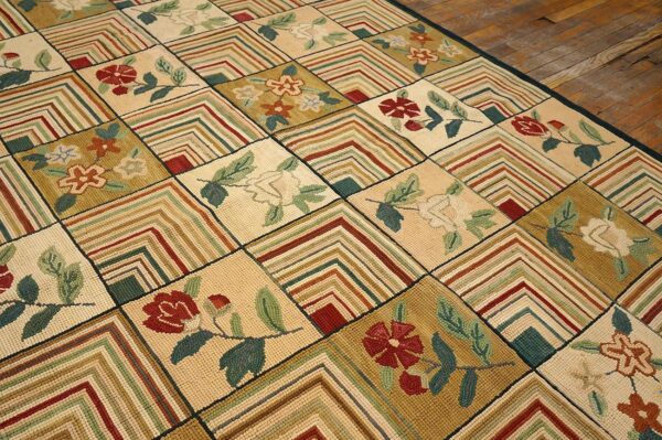 2000s multicolor floral folk art modern contemporary american hooked rug 8' x 10' handwoven wool carpet 3 2000s multicolor floral folk art modern contemporary american hooked rug 8' x 10' handwoven wool carpet - detail view 2