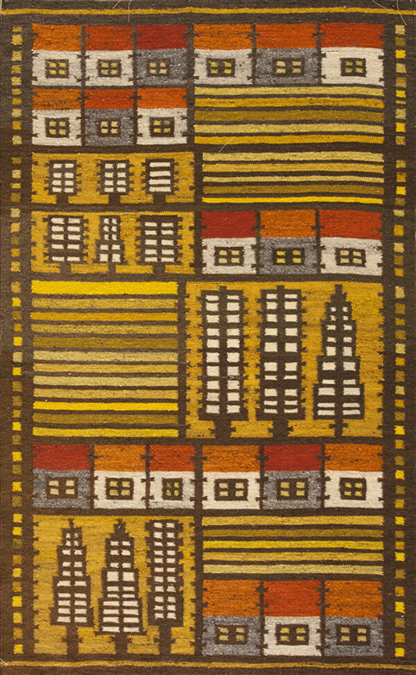 Mid-20th century geometric swedish flatweave with folk art tree design 1 Mid-20th century geometric swedish flatweave with folk art tree design