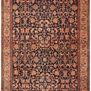 1900s Blue Navy Floral Antique Persian Sarouk Farahan Rug 4'2" X 6'8" Handknotted Wool Carpet