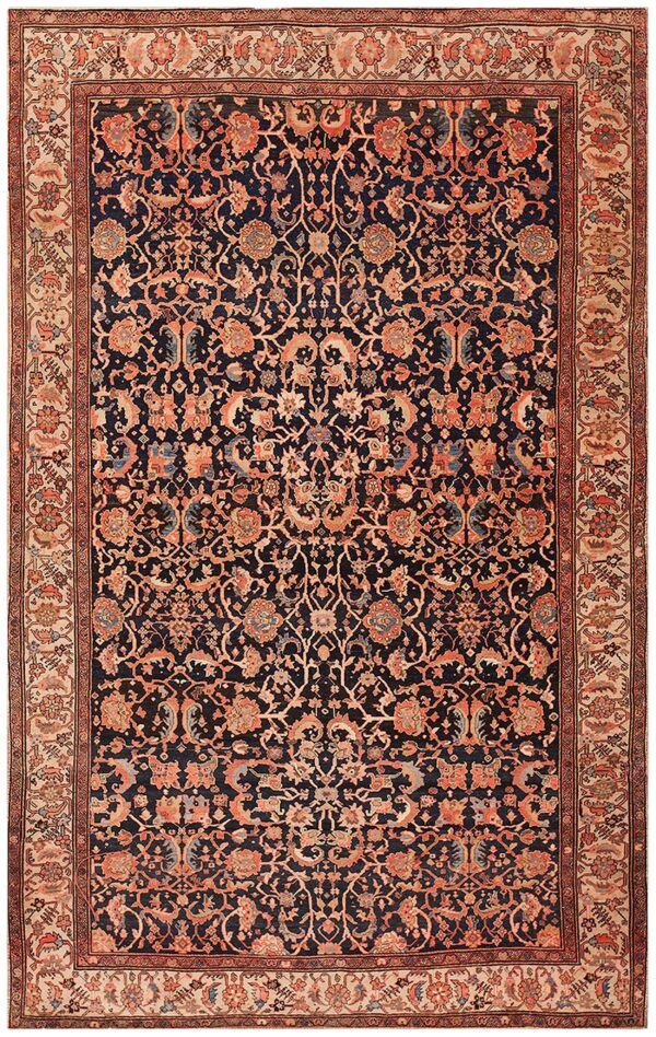 1900s blue navy floral antique persian sarouk farahan rug 4'2" x 6'8" handknotted wool carpet