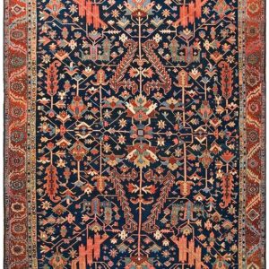 Antique Tribal Geometric Design Blue Background Persian Heriz Serapi Carpet